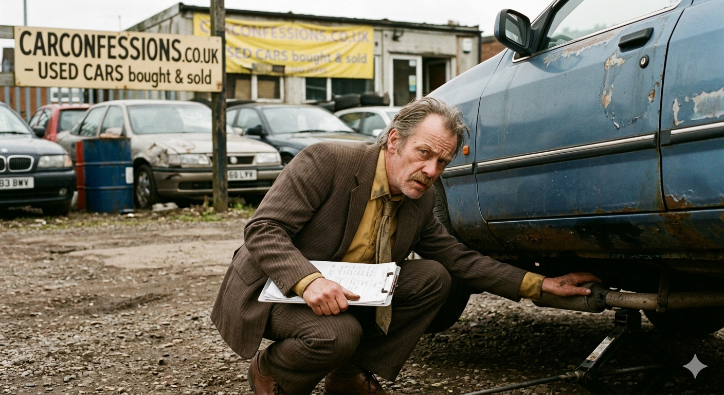 Dodgy used car salesman crouching to inspect a rusty banger on a scruffy forecourt, clipboard in hand, carconfessions.co.uk signs in the background