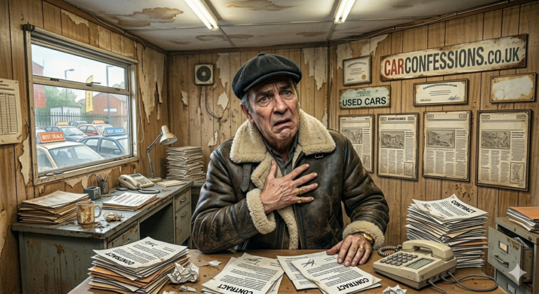 outraged car sales man in a shabby portacabin