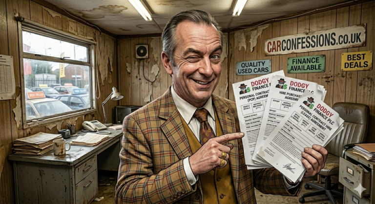 Smarmy used car salesman holding 3 finance deals and grinning