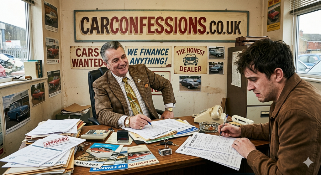 Car dealer selling GAP insurance on a PCP finance deal at a dealership