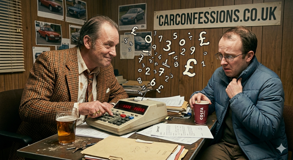 Car salesman using a calculator to manipulate monthly payment car finance figures