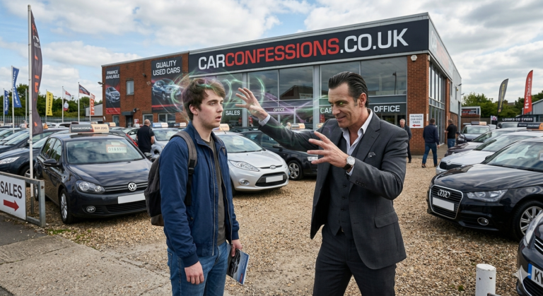 car salesman hypnotising a unsuspecting customer