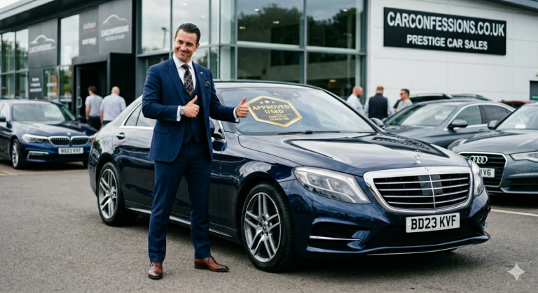 Smarmy modern car salesman proudly pointing at an "Approved Used" badge stuck to the windscreen of a prestige saloon — what approved used cars actually mean explained
