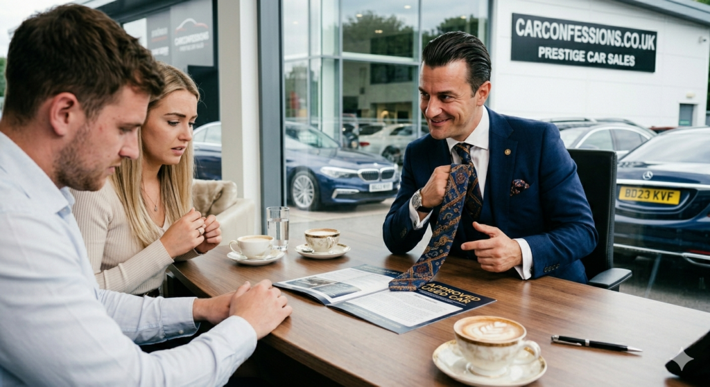Approved Used Cars: What the Badge Actually Means (and What It Doesn't) 2 a smarmy modern day car salesman sat with a nervous couple and an approved used car leaflet on the desk, hiding the small print with his tie